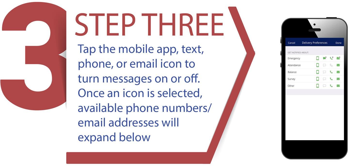STEP THREE: Tap the mobile app, text, phone, or email icon to turn messages on or off. Once an icon is selected, available phone numbers/email addresses will expand below